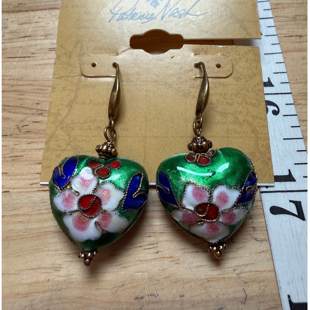 Patricia Nash Gold Green Enamel Cloisonne Heart Drop Earrings Floral Vintage